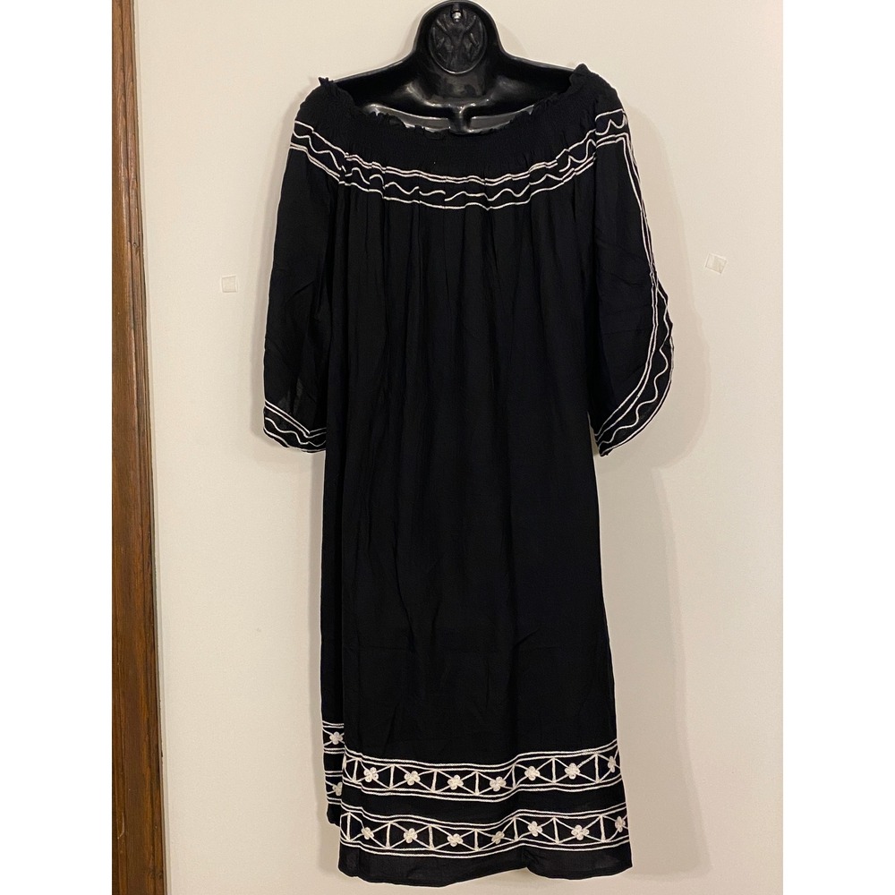 Frisqie Black Embroidered Off Shoulder Boho Tassel Mirror Shift Dress Large - Picture 2 of 8